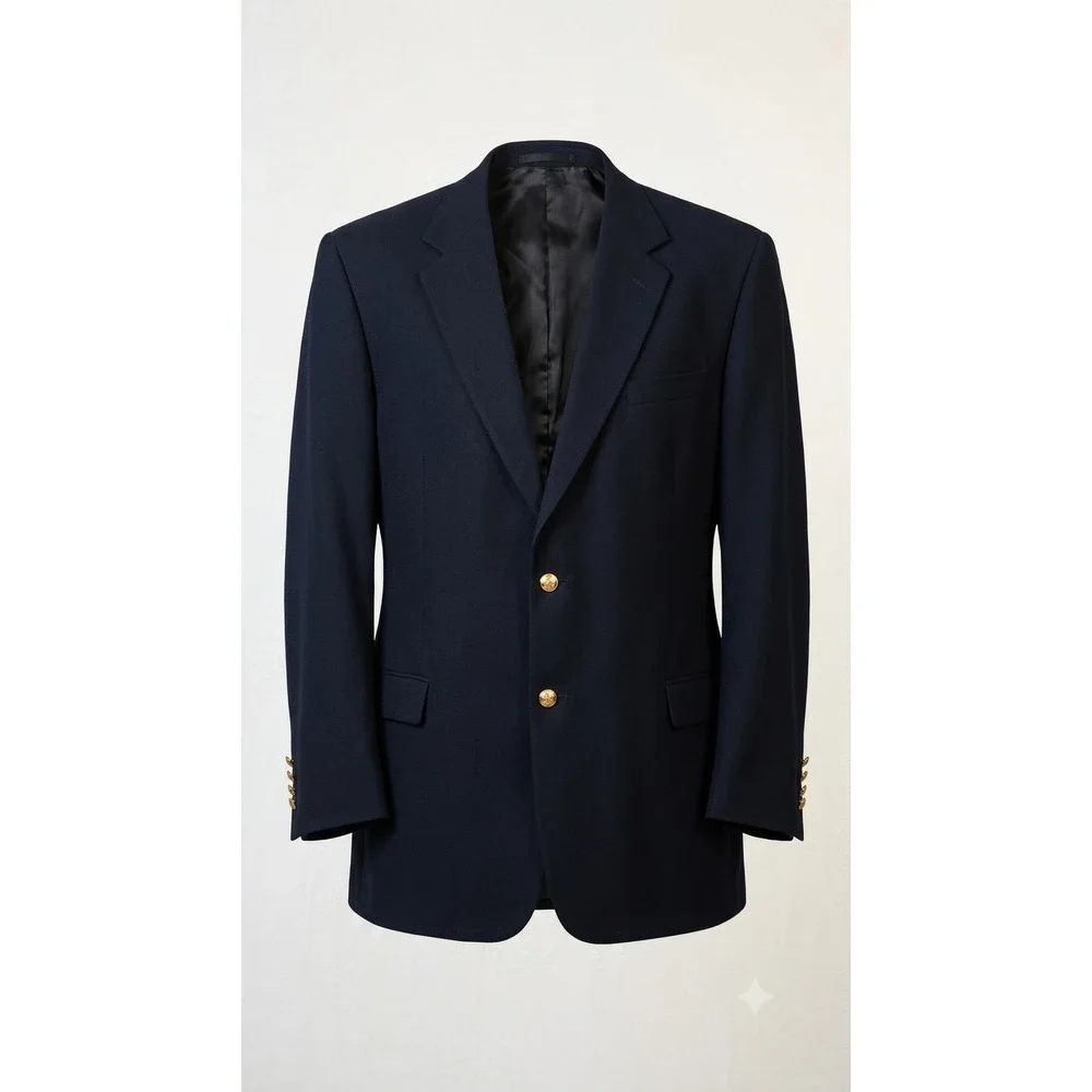 Career Navy Blue Two Button Blazer Gold Crest Buttons Wool Blend Sport Coat 50XL